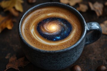 A coffee cup showcasing a fantastical cosmic scene inside the liquid