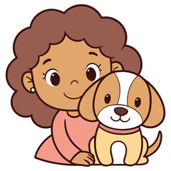 Cartoon Girl Hugging Dog Vector, Curly Hair Brown Skin on Transparent Background