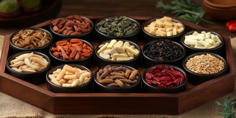 Top down shot of unique assortment of dry ingredients in small bowls perfect for presenting organic and cooking themes.