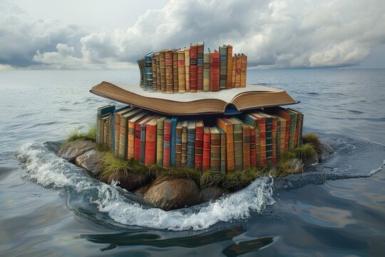 A collection of books on a small island in ocean water