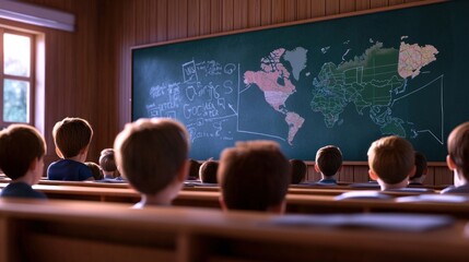 Classroom scene with students attentively watching a world map presentation on a chalkboard