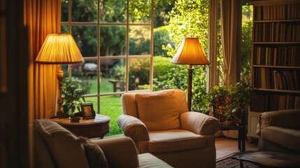 Fototapeta premium A warmly lit room with views of a beautiful green garden