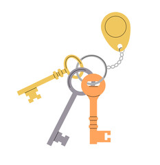 Door keys hanging on the ring with trinket. Vector illustration isolated on white background