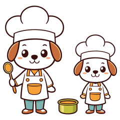 Two Cartoon Dog Chefs with Spoon and Bowl on Transparent Background