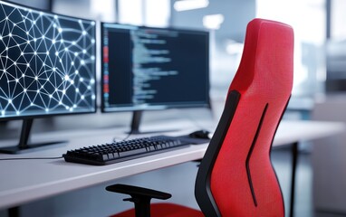 High-tech gaming workspace pattern with LED-lit keyboards, multiple monitors, ergonomic chairs, and futuristic cyberpunk lighting - tech gadgets workspace