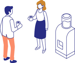 People talking on coffee break in office vector line isometric character isolated on white background