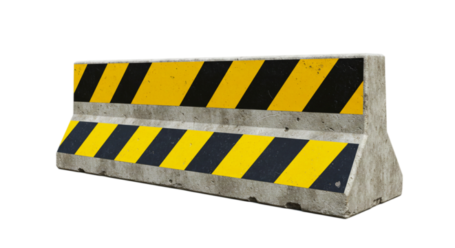 Concrete barrier road safety construction zone block yellow black stripes traffic control barricade divider - Powered by Adobe