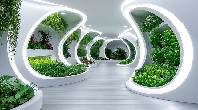 Modern Indoor Garden with Futuristic Design and Lush Greenery