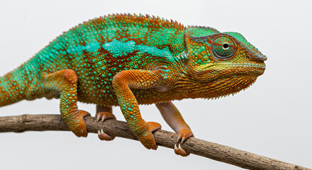 Obraz premium Green chameleon on branch close up