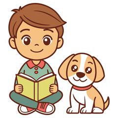 Cartoon Boy Reading Book with Dog on Transparent Background