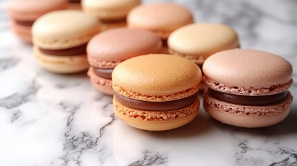 Fototapeta premium Colorful macarons display on marble surface gourmet desserts culinary photography elegant kitchen aesthetic view sweet treats