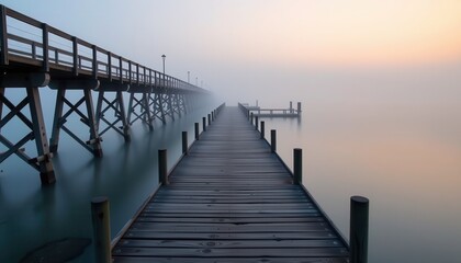 Obraz premium Serene Wooden Pier Extending into Misty Lake at SunrisePeaceful morning scene