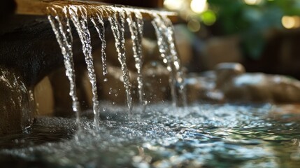 Tranquil waterfall cascading over stones in a serene garden setting with lush greenery