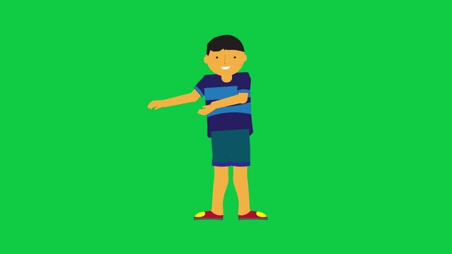 Animated smiling character pointing forward with both hands loop animation. Character animation in green screen background.