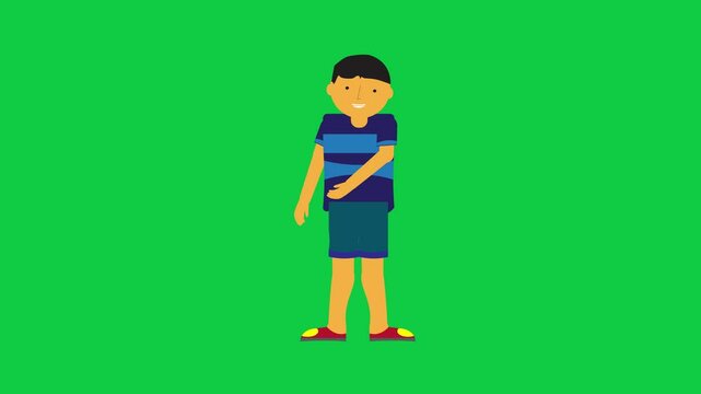 Smiling character pointing right animation. Character animation in green screen background.