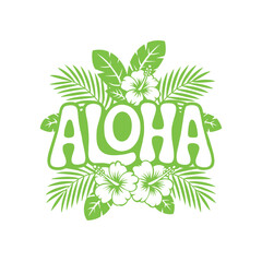 Aloha lettering, leaves and hibiscus. vector illustration on white background © дима селиванов