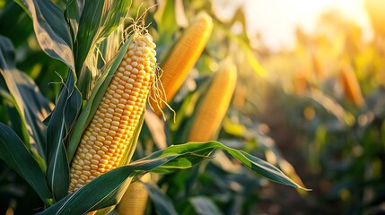 Fresh corn cobs with green husks in summer field close-up