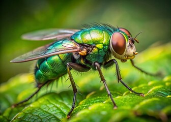 Naklejka premium Green Bottle Fly on Leaf - Detailed Macro Candid Garden Insect Photography