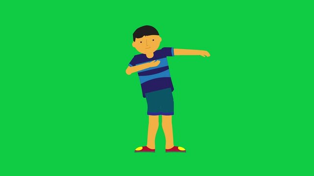 Animated character pointing left with both hands. Character animation in green screen background.