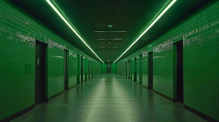 Fototapeta premium Empty Green Hallway With Neon Lighting