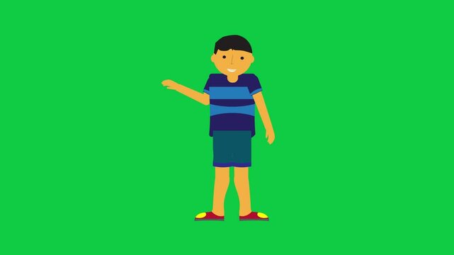 Animated character talking with a right hand gesture in a clean green screen animation suitable for compositing and motion graphics use.