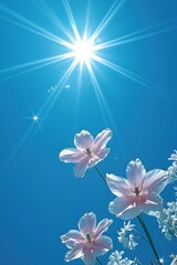 Obraz premium Flowers face the sky under a bright sun with blue background