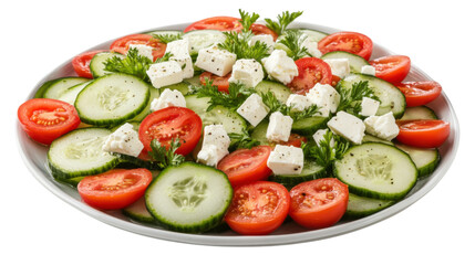 Fresh Organic Cucumber Salad with Tomatoes and Feta Isolated on White Background – Healthy, Nutritious Dish for Vegetarian, Vegan, and Mediterranean Cuisine Concepts
