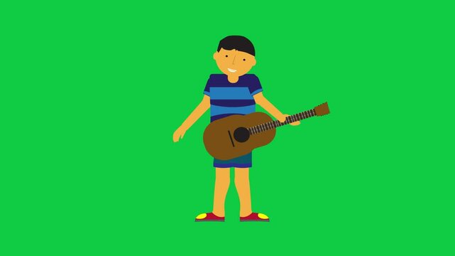 Character talking and holding a guitar in a smooth green screen animation suitable for compositing and motion graphics use.