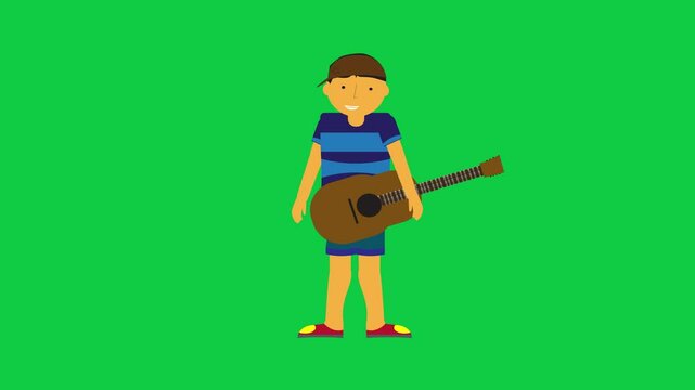 Character talking while holding a guitar in a clean green screen animation suitable for compositing and motion graphics use.