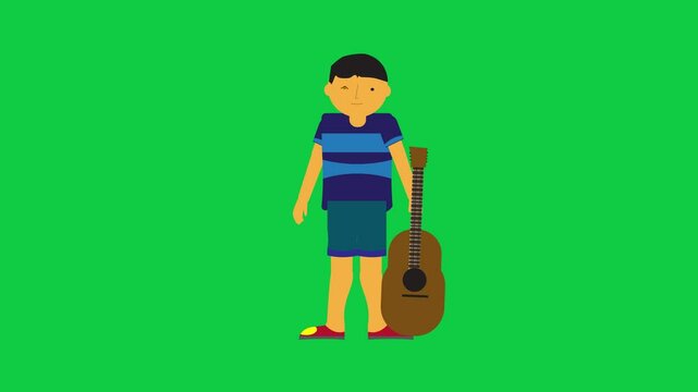 Animated character shaking their body while holding a guitar in a smooth green screen animation suitable for compositing and motion graphics use.