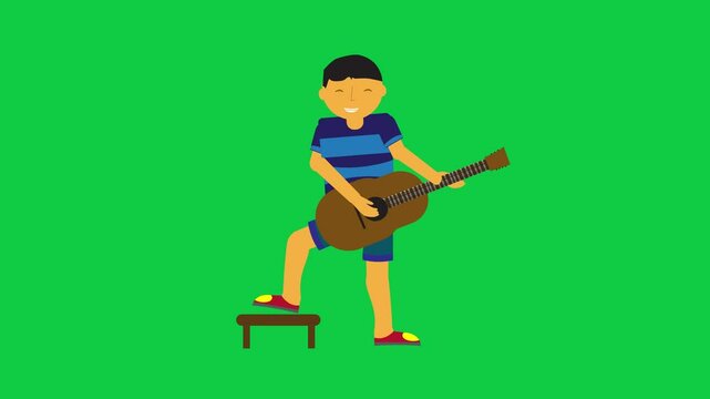 Character playing a guitar and singing in a smooth green screen animation designed for easy compositing and motion graphics use.