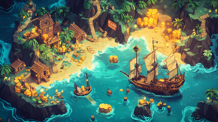Join fearless adventurers on a thrilling voyage, navigating stormy waters for a treasure map leading to fabled riches and legendary lost gold. Fabled Waters. Illustration