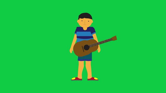 Character holding a guitar and waving in a loop able green screen animation designed for easy compositing and motion graphics use.