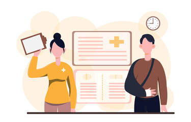 Nurse assisting injured patient visit. Vector illustration