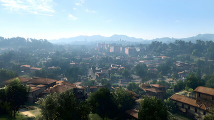 Fototapeta premium Panoramic View Of A Quaint Village Nestled In Hills