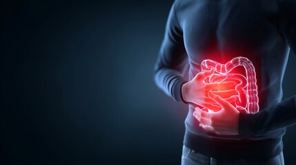 Abdominal Pain and Digestive System Issues - Person holding their abdomen in pain, highlighting internal organs. Medical illustration of digestive discomfort