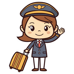 Cartoon Pilot Woman Waving Hand and Holding Suitcase on White Background