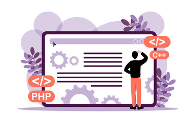 Programmer viewing code on large screen. Vector illustration