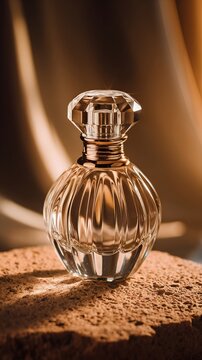 Photograph of high end oven bottle showing glass oven bottle with fiery faceted crystal cap. Brown beige sandstone and silk drape background, blur and bokeh effect.