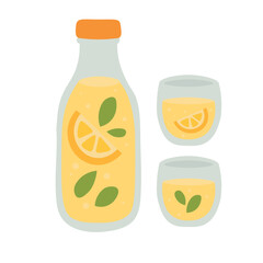 Flat cartoon illustration of a lemonade bottle and two glasses. Bright summer drink doodle style.