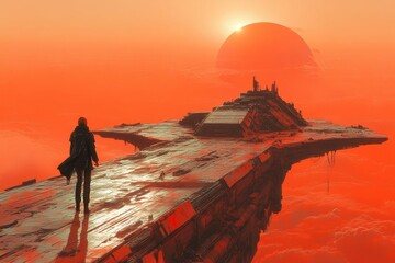 Floating Alien Spaceship in a Red Sunset