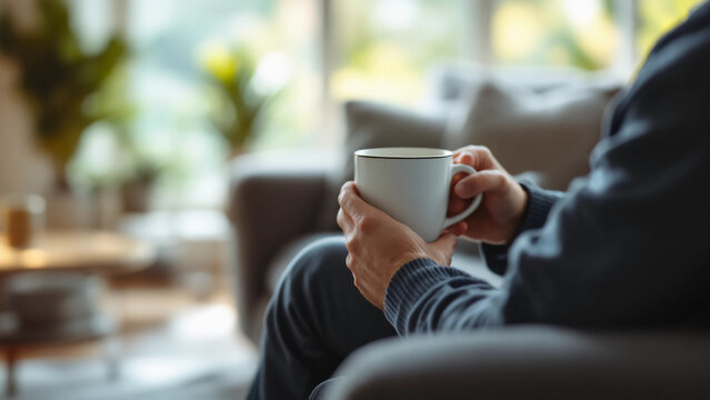 A man holding a coffee mug in his hand a relaxing in a brightly illuminated living room.  