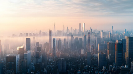 Sunrise Over Foggy Asian Metropolis Skyline