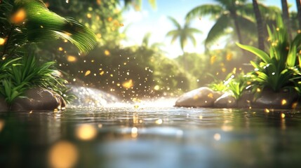 Fototapeta premium Lush tropical stream cascading through a vibrant jungle