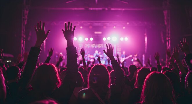 A lively concert scene with a crowd of people raising their hands in excitement.