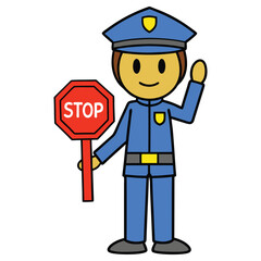 Cartoon Officer Holding Stop Sign with Blue Uniform Isolated on Transparent