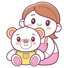 Cartoon girl hugging teddy bear on transparent background