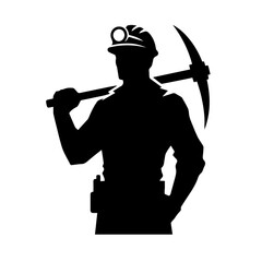 Silhouette of a miner holding a pickaxe over his shoulder, wearing a hard hat with headlamp and tool belt, isolated black and white vector illustration icon