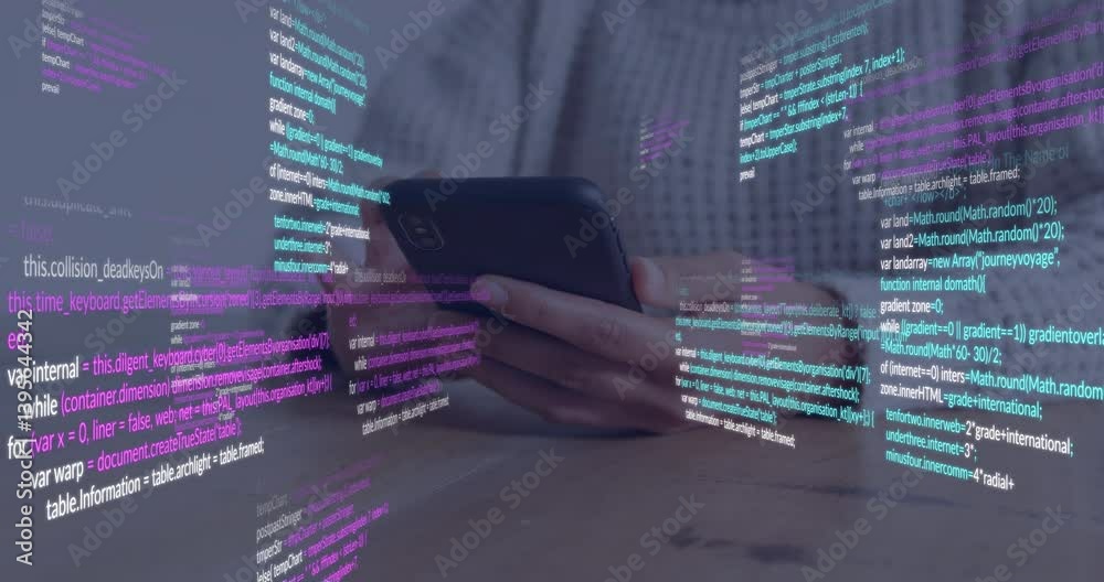 Poster using smartphone, person viewing colorful programming code with animation in school