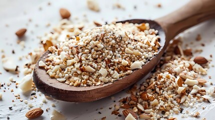 A mixed nut finecrumbs and powder in a Wood colored round spoon,fine grinded,white clean background, Generative AI illustrations.